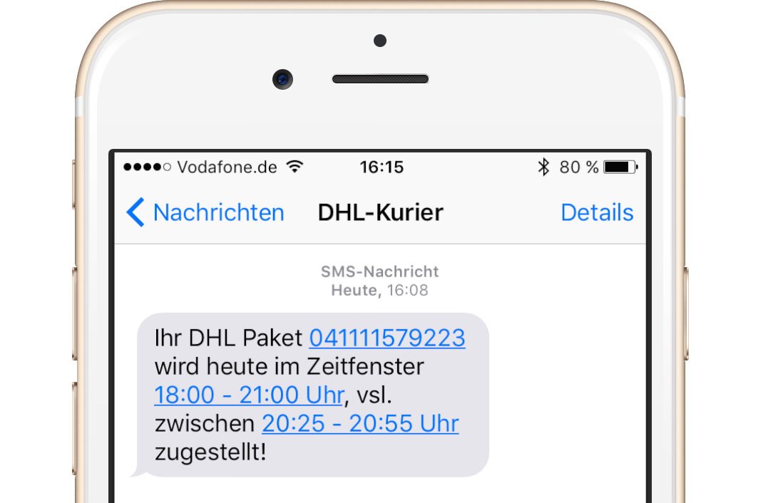 Amazon liefert auch per DHL-Kurier am selben Tag und dieser kündigt seine genaue Ankunftszeit per SMS an - Amazon Kurier