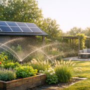 Autarke Bewässerung mit Solarstrom – Moderner Garten mit Solarpanelen und automatischer Bewässerung im Sonnenlicht als Blog-Header