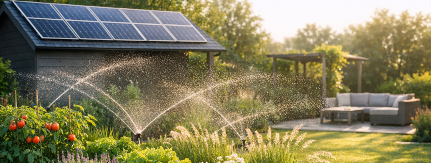 Autarke Bewässerung mit Solarstrom – Moderner Garten mit Solarpanelen und automatischer Bewässerung im Sonnenlicht als Blog-Header