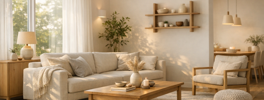 Bewegungsmelder Smart Home – Modernes Wohnzimmer mit integrierter Smart Home Technik und warmem Licht als Blog Header