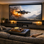 Budget Heimkino unter 1000 Euro – Modernes Wohnzimmer mit Budget-Heimkino-Setup, TV, Soundbar und stimmungsvoller Beleuchtung