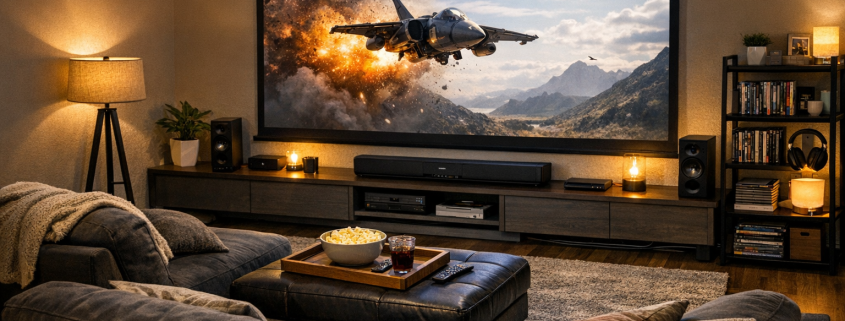 Budget Heimkino unter 1000 Euro – Modernes Wohnzimmer mit Budget-Heimkino-Setup, TV, Soundbar und stimmungsvoller Beleuchtung