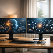 ChatGPT vs Google Bard – Modernes Homeoffice mit KI-Interface auf Monitoren und professioneller Arbeitsatmosphäre als Blog-Header