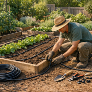 Tropfbewässerung installieren – Gärtner installiert Tropfbewässerung in sonnigem Garten mit Hochbeeten