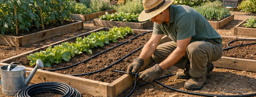 Tropfbewässerung installieren – Gärtner installiert Tropfbewässerung in sonnigem Garten mit Hochbeeten