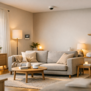 Homematic IP vs Shelly – Modernes Wohnzimmer mit integrierter Smart‑Home‑Technologie und gemütlicher Atmosphäre als Blog‑Header