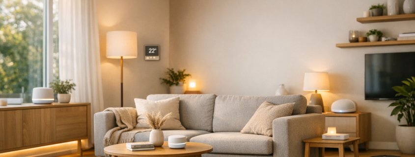 Homematic IP vs Shelly – Modernes Wohnzimmer mit integrierter Smart‑Home‑Technologie und gemütlicher Atmosphäre als Blog‑Header