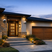 Preis-Leistungs-Verhältnis von Sicherheitskameras – Modernes Haus mit sichtbarer Sicherheitskamera am Eingang bei Abendlicht