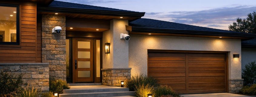 Preis-Leistungs-Verhältnis von Sicherheitskameras – Modernes Haus mit sichtbarer Sicherheitskamera am Eingang bei Abendlicht