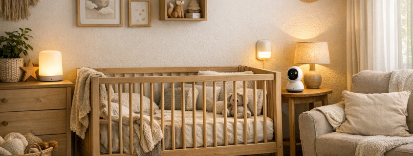 Baby-Apps einrichten – Modernes Babyzimmer mit warmer Beleuchtung und dezent integrierter smarter Technik