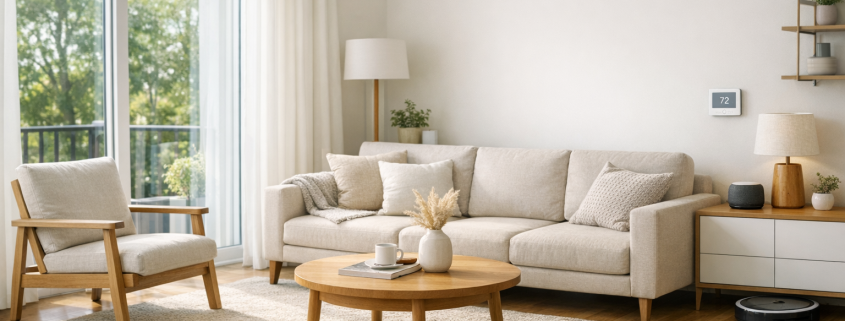 Roborock Qrevo Lite Vergleich – Modernes helles Wohnzimmer mit skandinavischem Stil und subtiler Smart-Home-Technik als Blog-Header