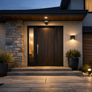 Sicherheitskamera am Hauseingang – Moderner Hauseingang mit installierter Sicherheitskamera und warmem Licht als Blog-Header