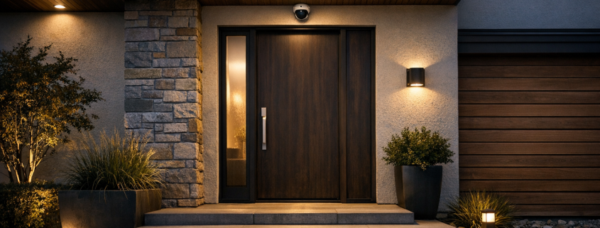 Sicherheitskamera am Hauseingang – Moderner Hauseingang mit installierter Sicherheitskamera und warmem Licht als Blog-Header