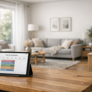 Smart Family Dashboard – Modernes Wohnzimmer mit Tablet als Familien-Dashboard und gemütlicher Smart-Home-Atmosphäre