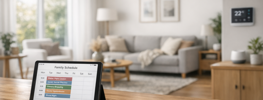 Smart Family Dashboard – Modernes Wohnzimmer mit Tablet als Familien-Dashboard und gemütlicher Smart-Home-Atmosphäre