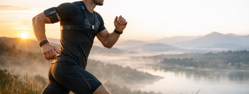 Polar Pulszonen Training – Sportler beim Training im Morgengrauen mit moderner Fitness-Technologie und Fokus auf Pulszonentraining