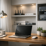 UniFi Dream Machine Pro vs Netgear Nighthawk – Modernes Smart Home Büro mit integrierter Netzwerktechnik und natürlicher Beleuchtung als Blog-Header