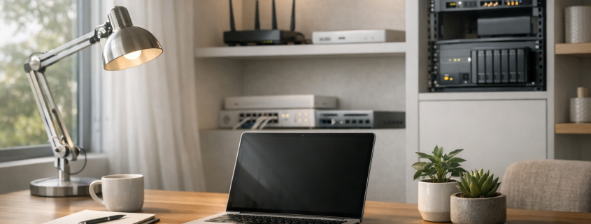 UniFi Dream Machine Pro vs Netgear Nighthawk – Modernes Smart Home Büro mit integrierter Netzwerktechnik und natürlicher Beleuchtung als Blog-Header