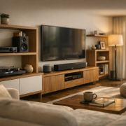 NAS Musikstreaming Vergleich 2023 – Modernes Wohnzimmer mit Musikstreaming-Setup und NAS-System in wohnlicher Atmosphäre