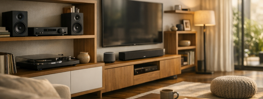 NAS Musikstreaming Vergleich 2023 – Modernes Wohnzimmer mit Musikstreaming-Setup und NAS-System in wohnlicher Atmosphäre