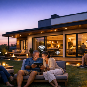Outdoor WLAN Vergleich – Moderner Garten mit Terrasse und WLAN-Nutzung bei Abendlicht als professioneller Blog-Header