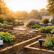 Zukunft der Tropfbewässerung – Moderner Garten mit Tropfbewässerung und smarter Sensorik bei Sonnenaufgang