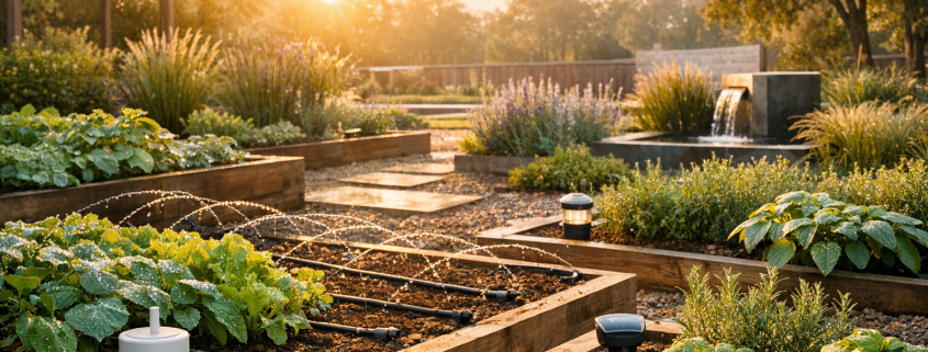 Zukunft der Tropfbewässerung – Moderner Garten mit Tropfbewässerung und smarter Sensorik bei Sonnenaufgang