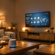 Shelly Plus Plug S – Modernes Smart Home Wohnzimmer mit Matter-kompatibler Technologie und <a href=