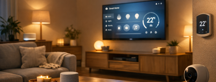Shelly Plus Plug S – Modernes Smart Home Wohnzimmer mit Matter-kompatibler Technologie und <a href=