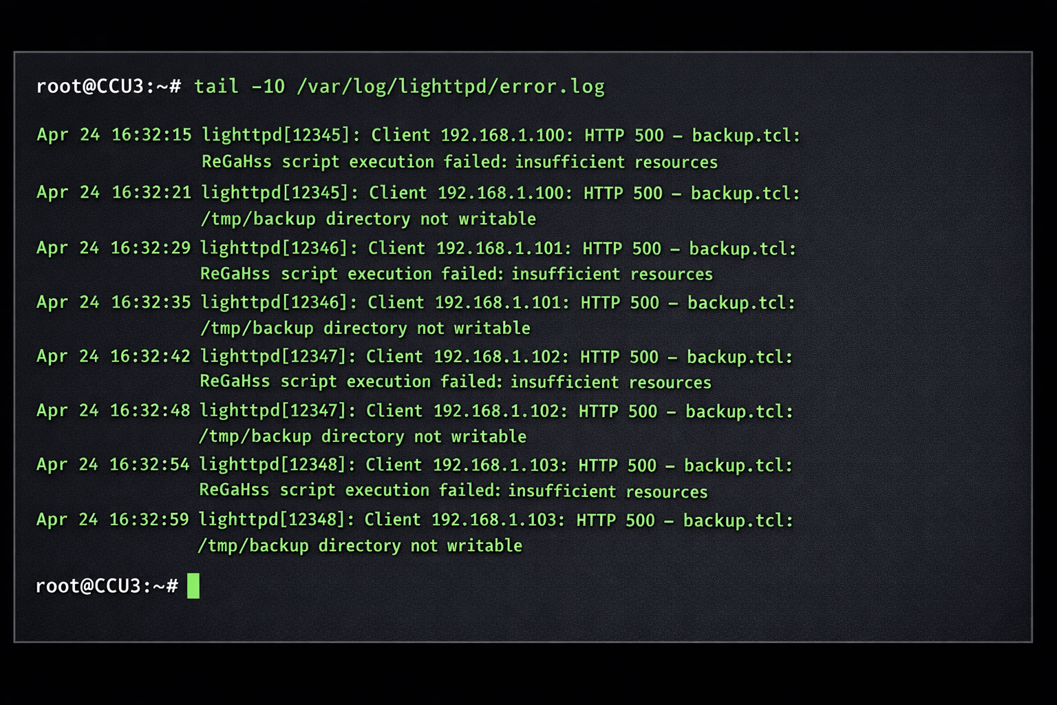 CCU3 Terminal Screenshot mit Lighttpd Error-Log Analyse für HTTP 500 Backup-Fehler