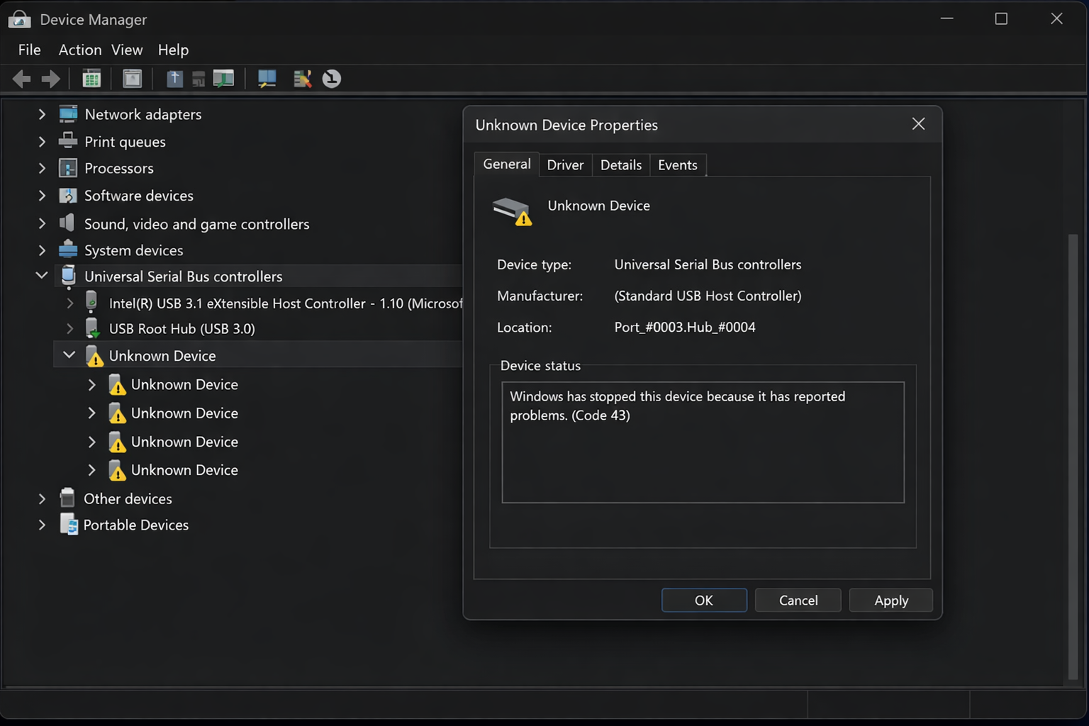 Windows Geräte-Manager mit USB Error Code 43 Fehlermeldung bei Proxmox Passthrough