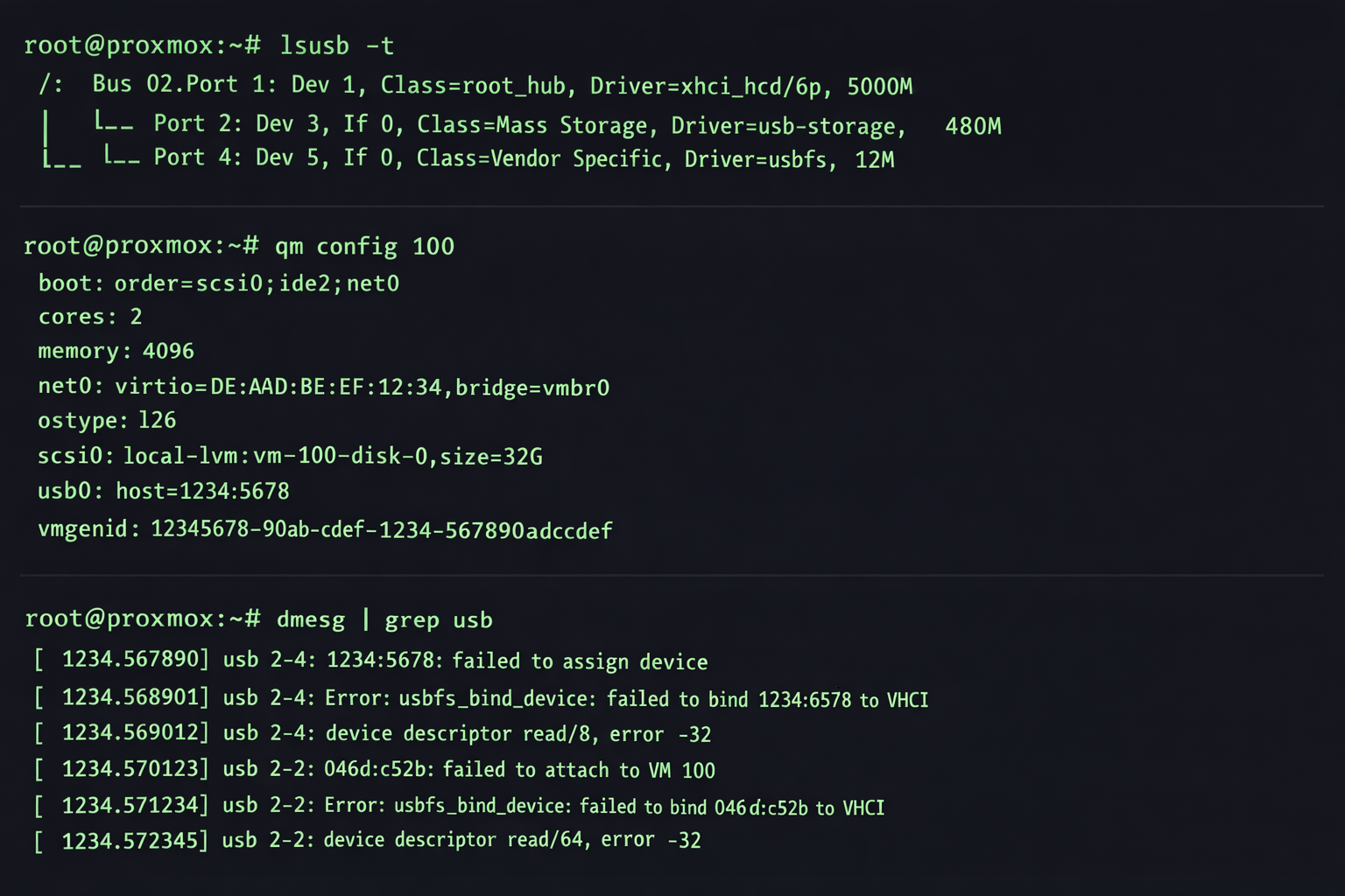 Proxmox Terminal mit USB-Passthrough Diagnose-Befehlen und Gerätekonfiguration