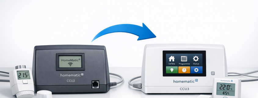 Homematic CCU2 komplett auf CCU3 migrieren ohne Geräteverlust – Homematic CCU2 kaufen zu CCU3 Migration - Beide Zentralen nebeneinander mit Migrationspfeil