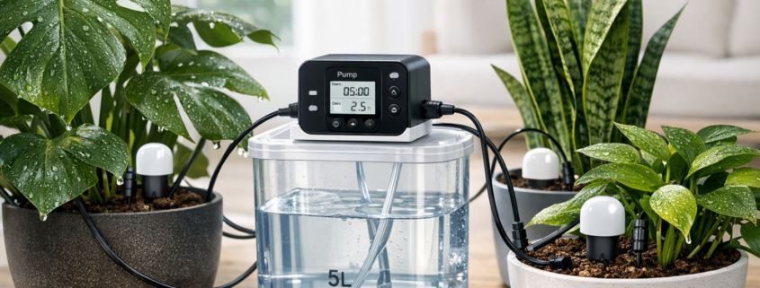 Bewässerung im Urlaub: Pflanzen automatisch gießen – Automatische Bewässerungsanlage mit Feuchtigkeitssensoren und Tropfschläuchen für Zimmerpflanzen im Urlaub