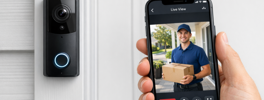 Video-Türklingel mit Handy verbinden - Schritt für Schritt – Video-Türklingel an Haustür mit Smartphone zeigt Live-Übertragung der Kamera