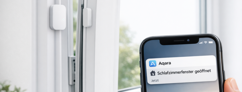 Fenster und Türen smart überwachen ohne Installation – Aqara Fenstersensor an weißem Fensterrahmen mit Smartphone-Benachrichtigung für smarte Fensterüberwachung ohne Installation