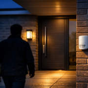 Bewegungsmelder außen smart nachrüsten - Licht automatisch an – Smarter Bewegungsmelder außen an Hauswand mit automatisch leuchtender LED-Außenlampe bei Dämmerung