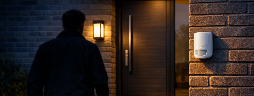 Bewegungsmelder außen smart nachrüsten - Licht automatisch an – Smarter Bewegungsmelder außen an Hauswand mit automatisch leuchtender LED-Außenlampe bei Dämmerung