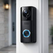 Video-Türklingel nachträglich ohne Verkabelung installieren und konfigurieren – Kabellose Video-Türklingel an weißer Haustür montiert - Installation ohne Verkabelung