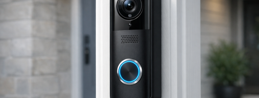 Video-Türklingel nachträglich ohne Verkabelung installieren und konfigurieren – Kabellose Video-Türklingel an weißer Haustür montiert - Installation ohne Verkabelung
