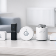 Heizung automatisch regeln - Welche Sensoren brauche ich? – Smart Home Sensoren für automatische Heizungssteuerung - Temperatursensor, Fensterkontakt, Bewegungsmelder und Hub auf Tisch