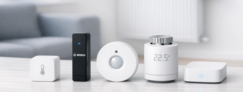 Heizung automatisch regeln - Welche Sensoren brauche ich? – Smart Home Sensoren für automatische Heizungssteuerung - Temperatursensor, Fensterkontakt, Bewegungsmelder und Hub auf Tisch