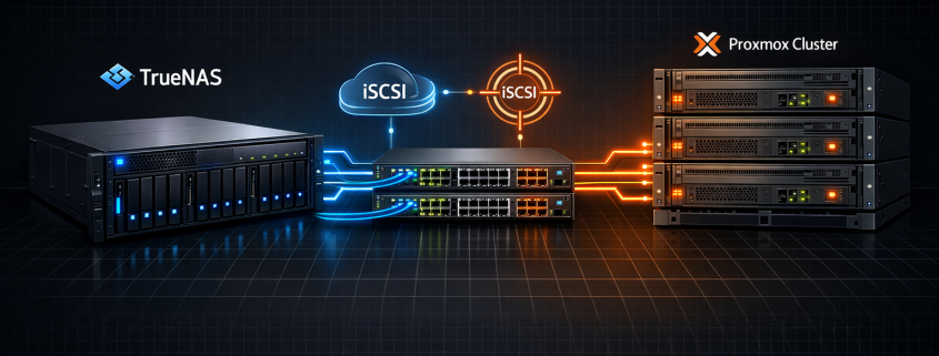TrueNAS iSCSI Target als Proxmox Storage Backend einrichten – TrueNAS iSCSI Target Proxmox Storage Backend Konfiguration - professionelle Netzwerk-Illustration