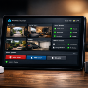 Smart Home Sicherheitssystem für Einsteiger ohne Vorkenntnisse aufbauen – Smart Home Sicherheitssystem Dashboard auf Tablet mit Home Assistant Interface, Kamera-Feeds und Sensor-Status