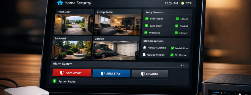 Smart Home Sicherheitssystem für Einsteiger ohne Vorkenntnisse aufbauen – Smart Home Sicherheitssystem Dashboard auf Tablet mit Home Assistant Interface, Kamera-Feeds und Sensor-Status