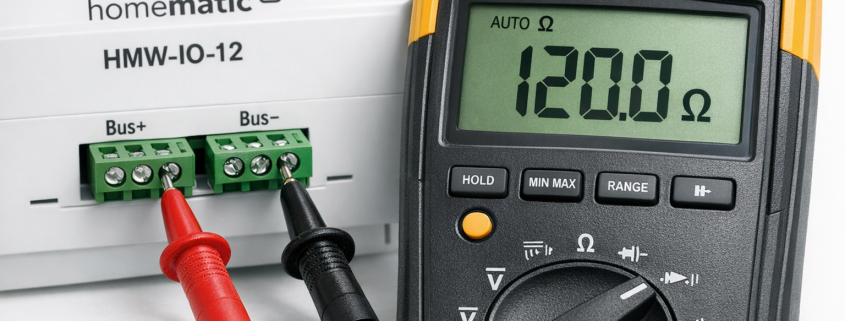 Homematic Wired Bus Terminierung mit Multimeter prüfen – Multimeter zeigt 120 Ohm Widerstandsmessung an Homematic Wired Bus Terminierung