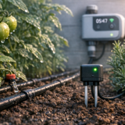 Wassersparende Bewässerung: Geld sparen mit Smart-Gießen – Smart-Bewässerungssystem mit Bodenfeuchtesensor und Tröpfchenschläuchen im Gemüsegarten