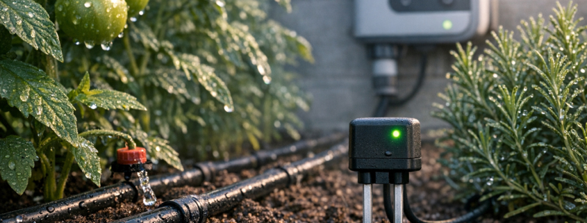 Wassersparende Bewässerung: Geld sparen mit Smart-Gießen – Smart-Bewässerungssystem mit Bodenfeuchtesensor und Tröpfchenschläuchen im Gemüsegarten