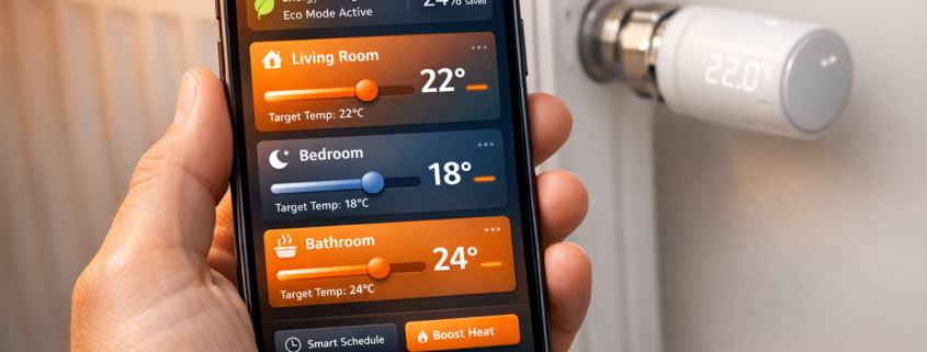 Heizung per App steuern - Die besten Lösungen 2026 – Smartphone mit Smart Home Heizungs-App zur Temperatursteuerung verschiedener Räume per Handy