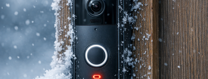 Video-Türklingel im Winter - Kälte und Akku richtig handhaben – Video-Türklingel im Winter mit Schnee bedeckt zeigt typische Kälteprobleme bei Minusgraden